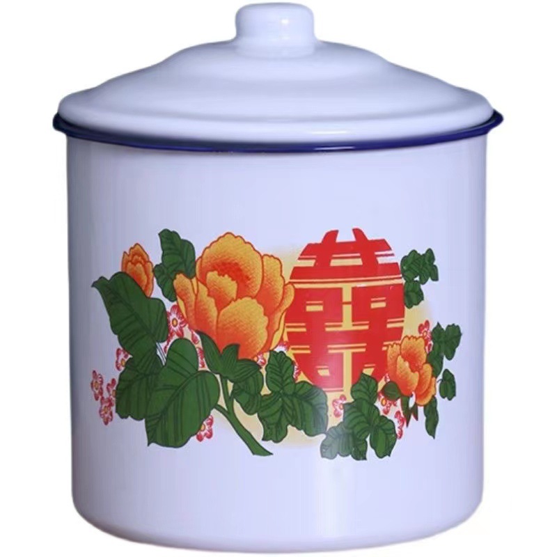 Nostalgic Classic Vintage Red Double Happiness Enamel Cup Red Iron Tea Cart with Lid Wedding Festive Pack Vintage Mug