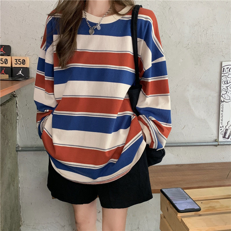 2025 Autumn New Korean Style Loose Striped Long Sleeve T-Shirt for Women, Trendy and Versatile Thin Top for Students