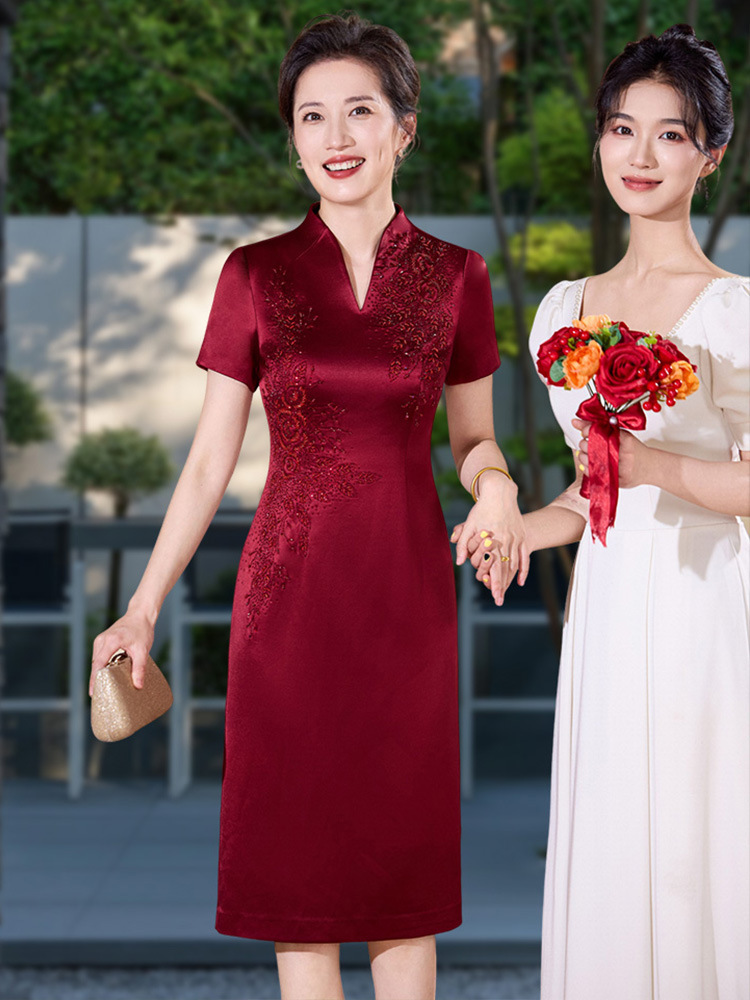 Mid-length Cheongsam Wedding Mother's Dress Summer Short-sleeved Acetate Satin Chinese Style Happy Mother-in-law Banquet Dress dress