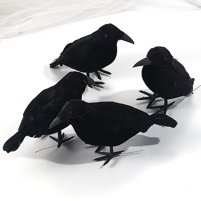 Simulated Black Crow Feather Animal Halloween Props Flocked Crow Ghost Festival Ornaments Horror Decorative Props