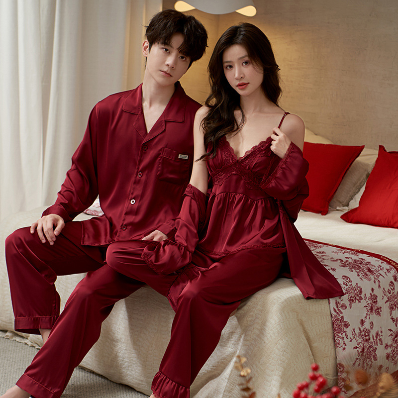 Pajamas Couple's Wedding Newlywed Red Men and Women's Ice Silk Sling Nightgown Morning Gown Long Sleeve Life Year Silk suit