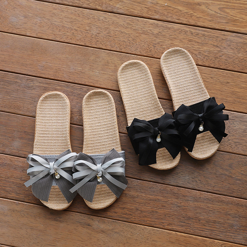 Slippers Women's Summer Indoor and Outdoor Home Floor Non-Slip Office Slippers Home Cute Bow Linen Slippers