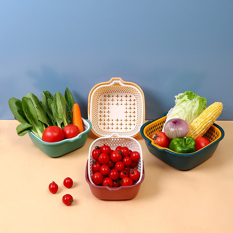 Factory Direct Drain Basket Six-piece Household Contrast Color Filter Basket Plastic Double-layer Kitchen Fruit and Vegetable Cleaning Drain Basket
