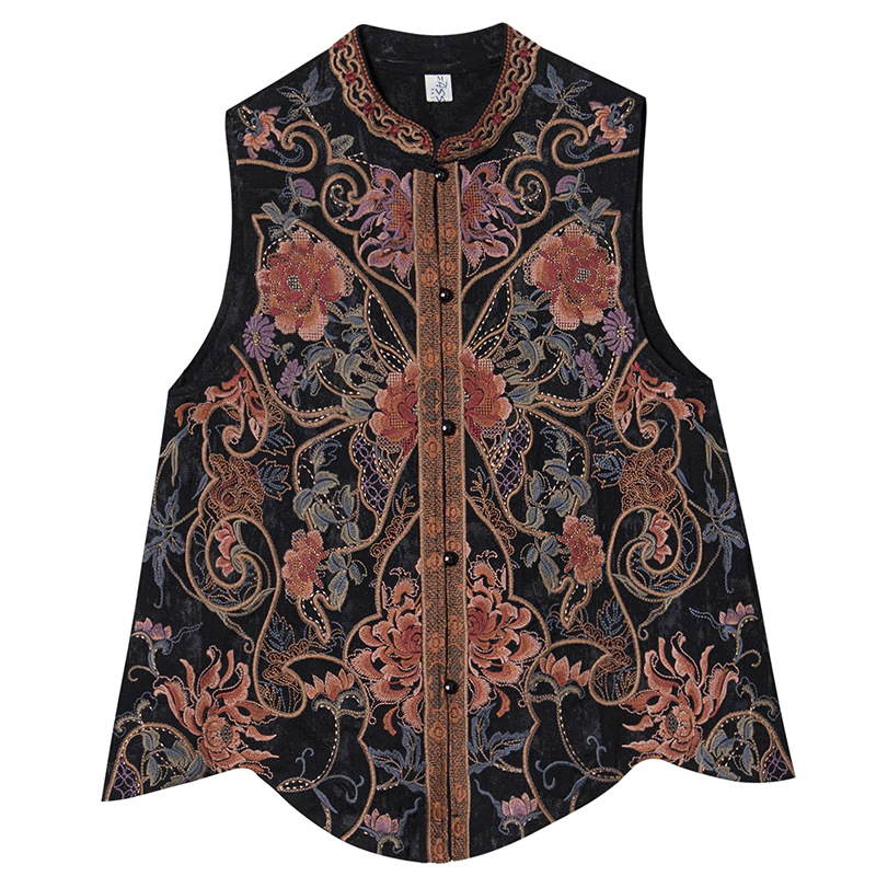 Ethnic style women's clothing satin heavy-duty embroidered hem irregular short vest travel wear embroidered vest coat