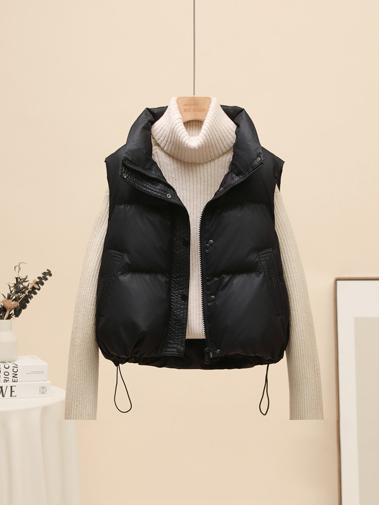 No-Wash Pu Leather down Vest for Women, Short Style, 2025 Autumn and Winter Korean Version, Stand Collar, Petite Fashion Vest Jacket