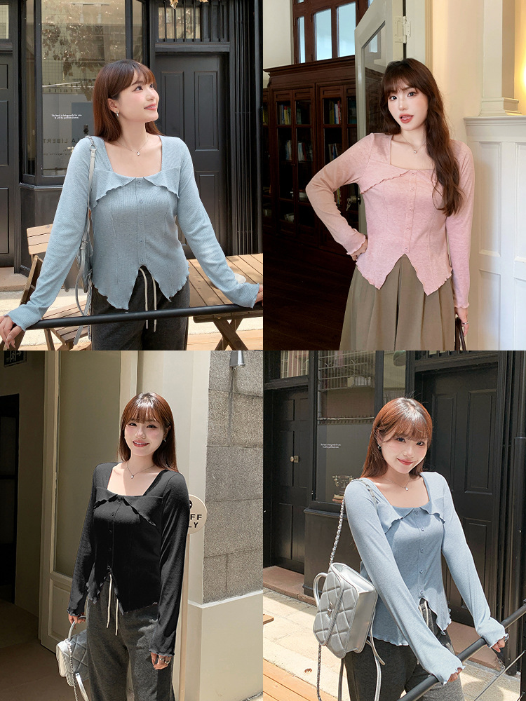 Plus Size Belly-Covering Right Shoulder Square Collar Asymmetrical Long-Sleeved T-Shirt for Women in Autum Fat mm Slimming Look Inner Layering Shirt 63509
