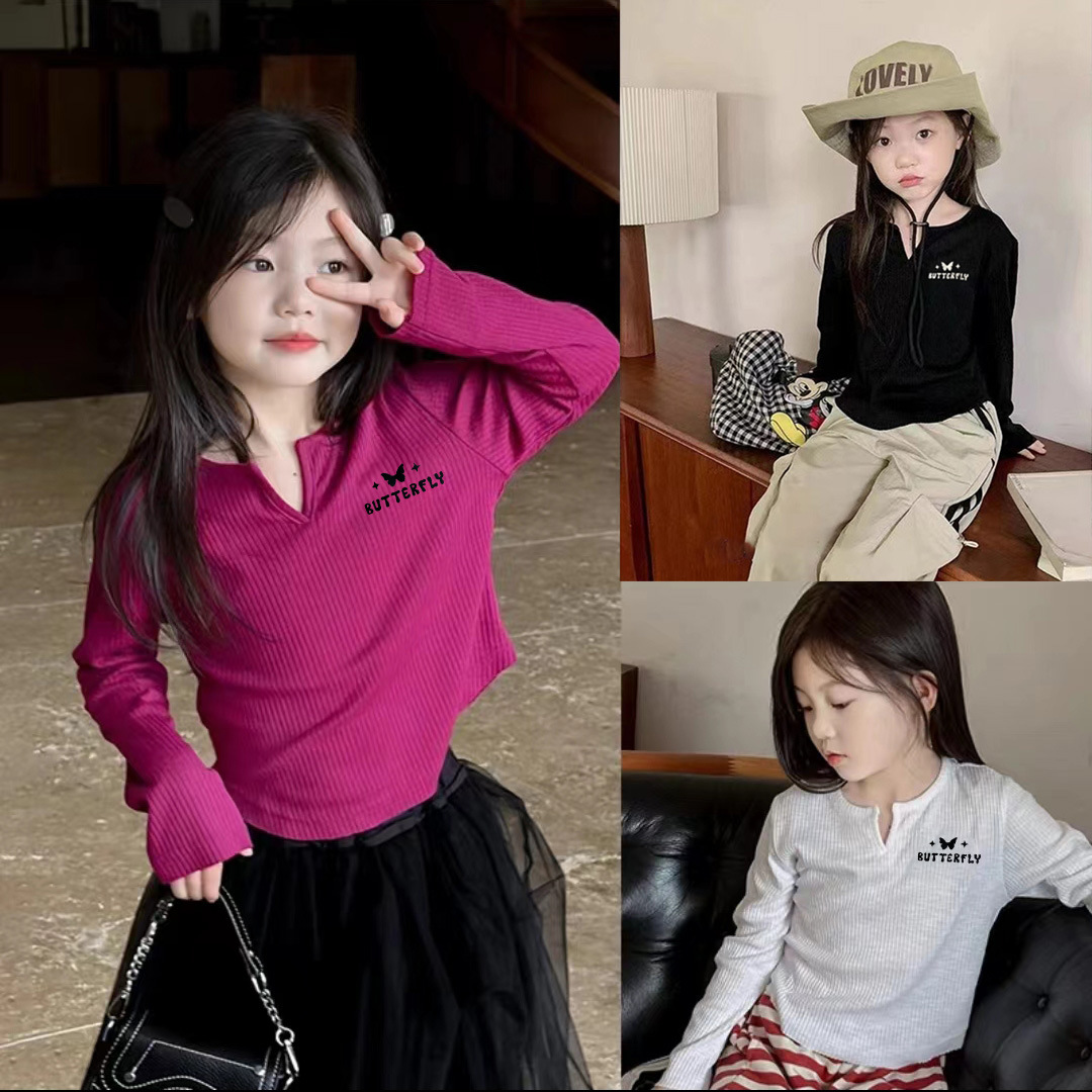 Девичья базовая футболка с V-образным вырезом, новая, длинный рукав