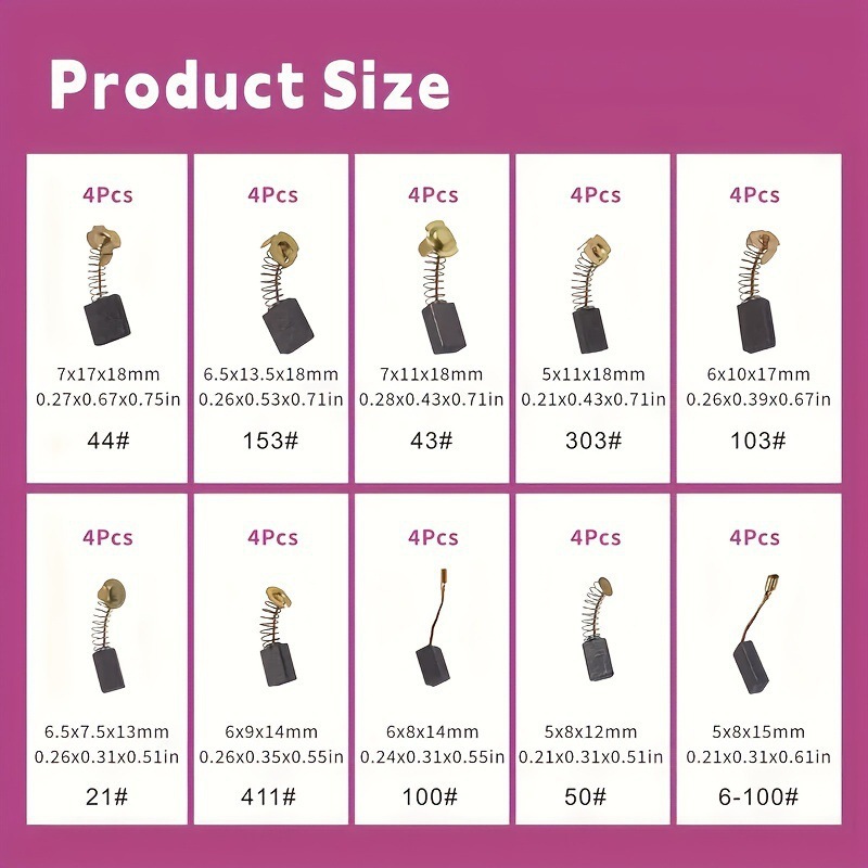 40Pcs Motor Carbon Brushes Contain 10 Different Specifications Carbon Brushes for Maintenance of Carbon Brush Motors