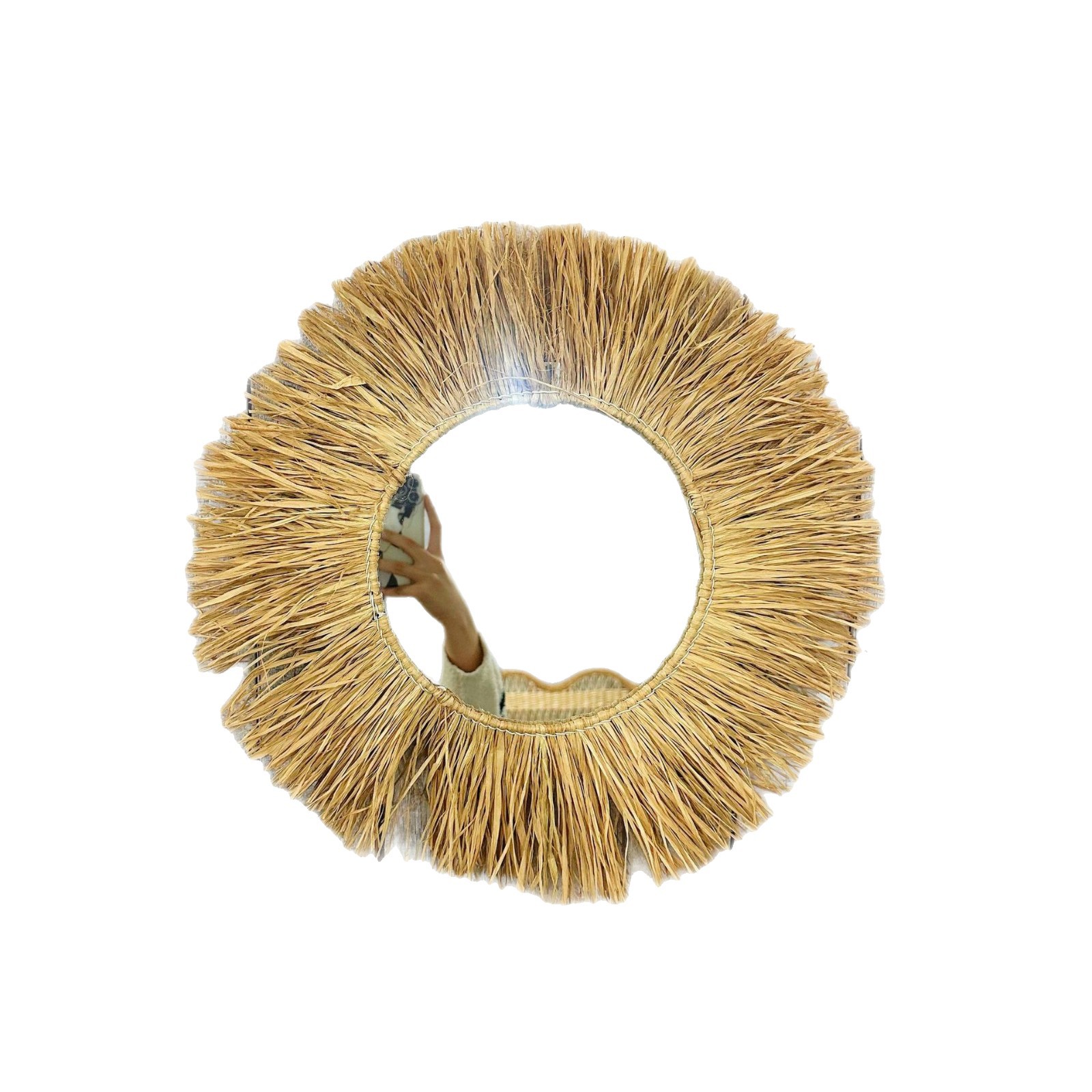 Retro Casual Round Raffia Hand-Woven Home Decoration Mirror Hotel Bed and Breakfast Wall Decoration Pendant