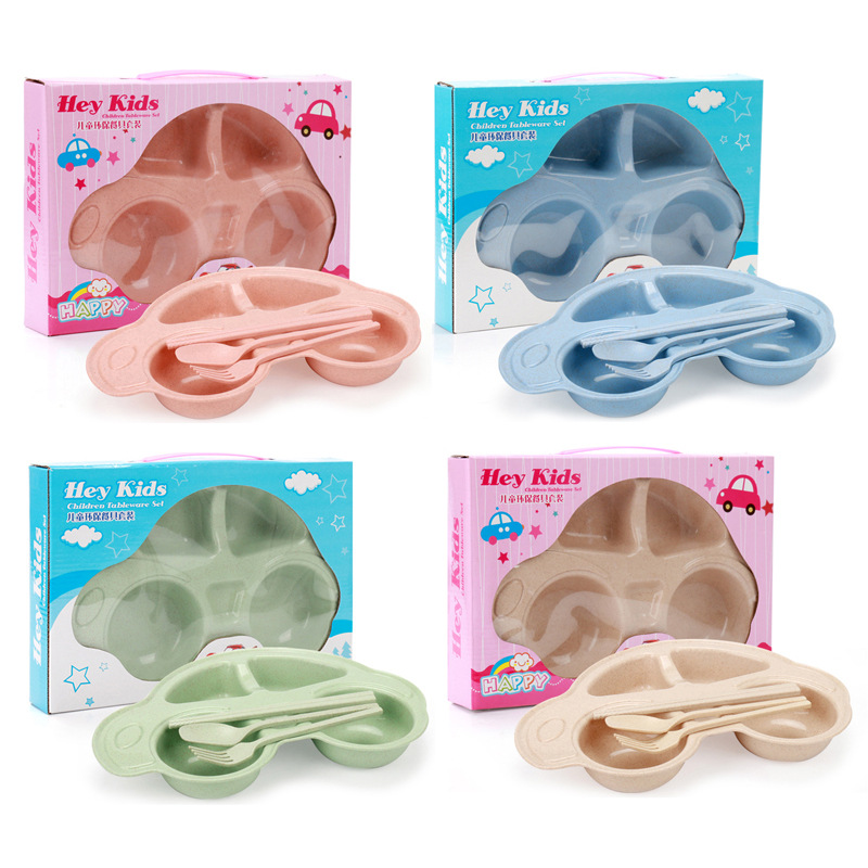 Children's wheat straw tableware suit baby compartment food supplement plate cartoon bowl chopsticks children gift printed logo