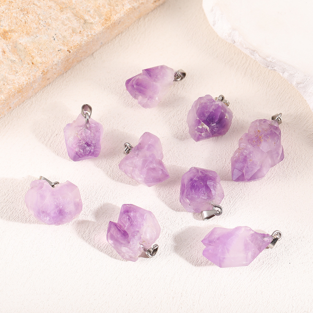 Cross-Border Natural Amethyst Raw Stone Pendant DIY Lavender Asymmetrical Necklace Gravel Pendant Jewelry Wholesale Model