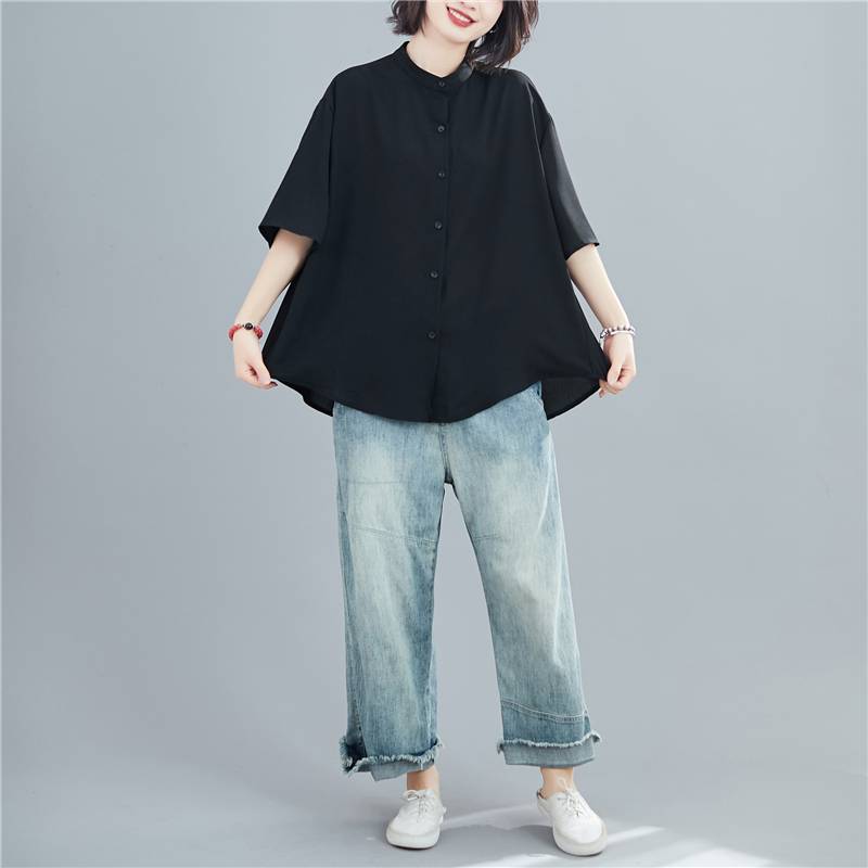 Solid Color Shirt Summer chubby girl plus size Women's Half-Sleeve Ripped Collar Shirt All-Match Cardigan Top