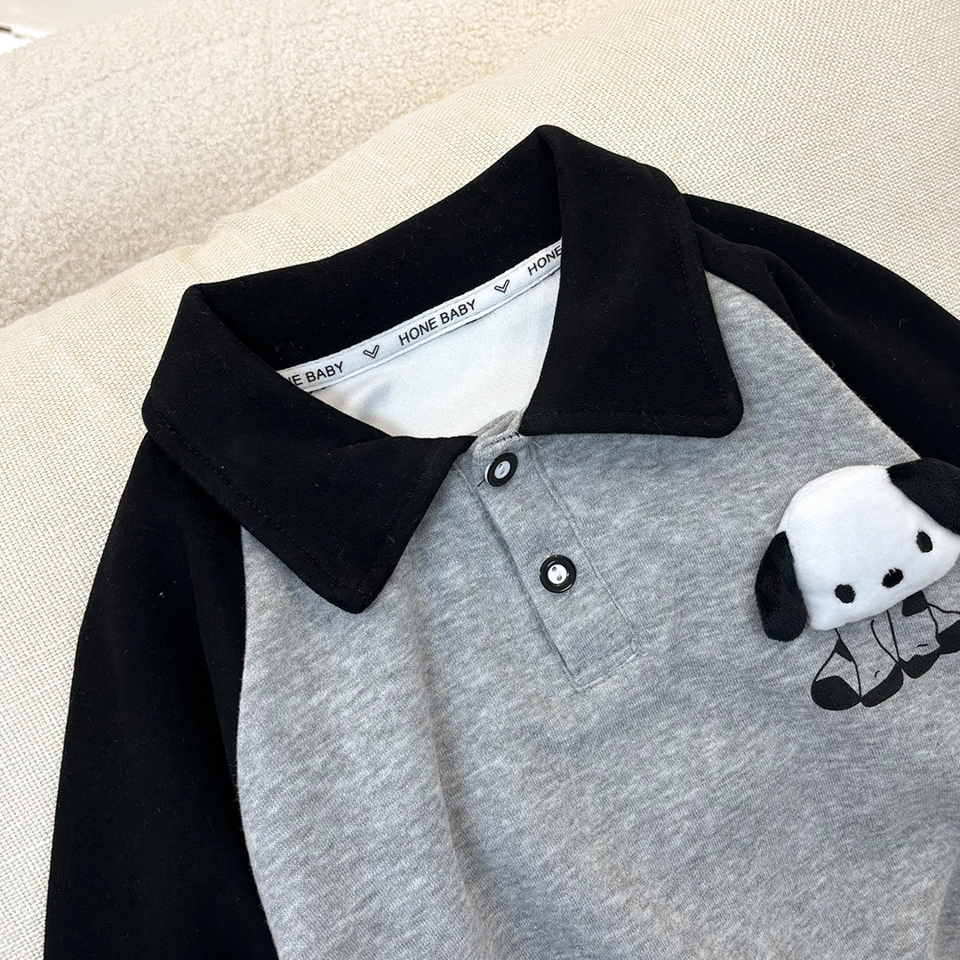 Pre-Sale for 10 Days! Children's Autumn Long-Sleeve Polo Shirt, Cotton Raglan Color-Blocked with Plush Puppy Design, Korean Style Autumn Top