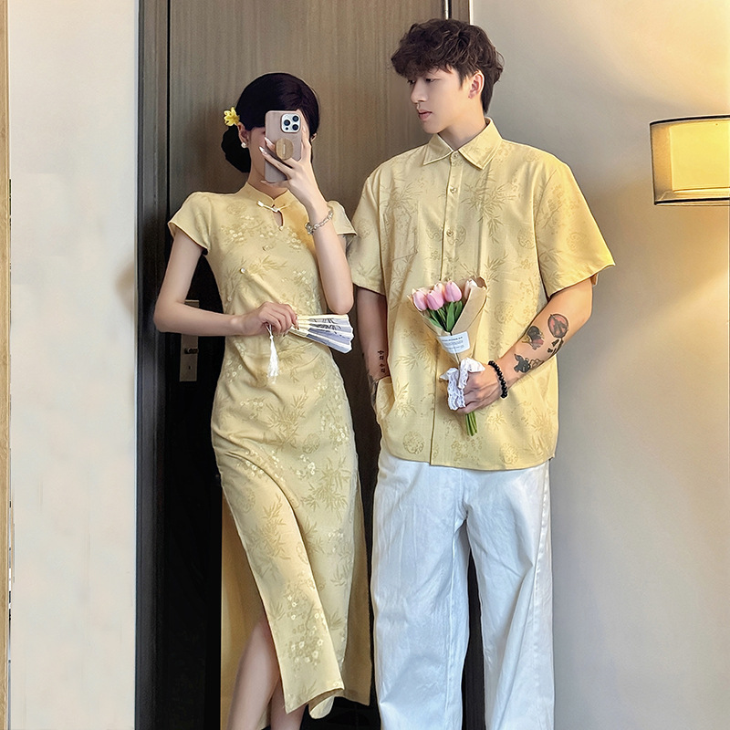 2025 Summer New Chinese Style Artistic Women's Improved Cheongsam National Style Stand Collar Elegant Embroidered Dress Couple Outfit