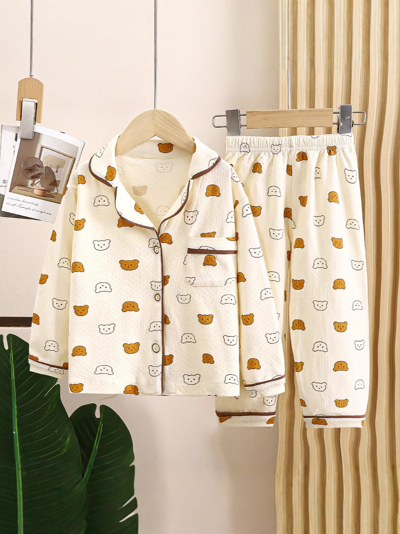 Cotton Children's Pajamas Spring and Autumn Lapel Long-sleeved Boys' Home Clothes suit Loose Big Children's and Girls' Air-conditioning Clothes