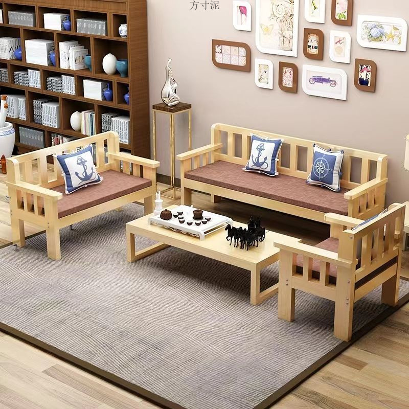 Solid Wood Sofa Combination Three-Seat Pine Sofa Bench Small Apartment Living Room Simple Backrest Single Wooden Sofa Factory