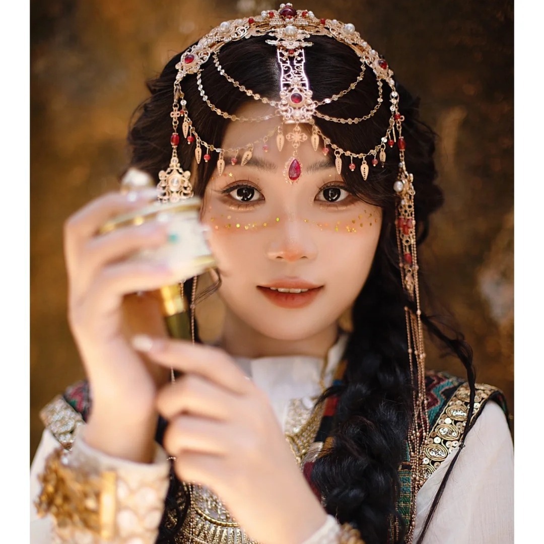 Western Region Dancer's Ancient Kingdom Princess Headdress Alien Style Ancient Style Tassel Flower Headwear Eyebrow Pendant Hair Accessories Travel Beat Headdress