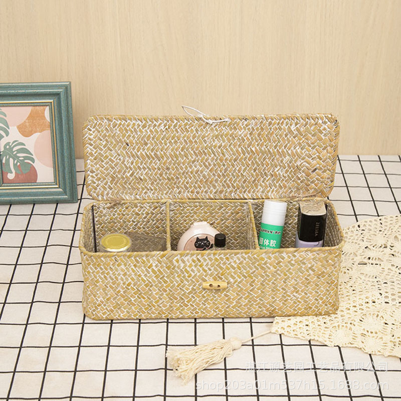 Straw Storage Basket Pure Hand-woven Sundries Storage Household Square Desktop Three-compartment Storage Basket with Lid