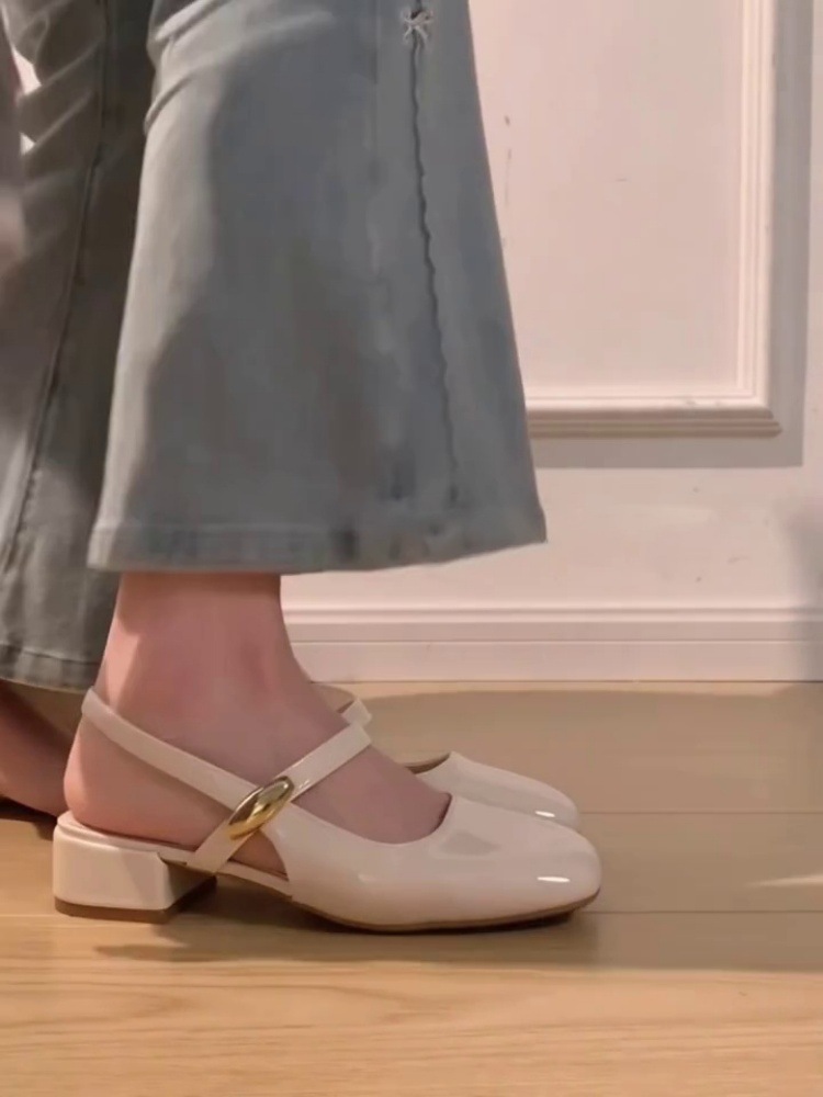 Sheepskin Version ~ 2025 New French Beige Back Strap Thick Heel Sandals for Women with Metal Buckle One-Strap Mary Jane Shoes