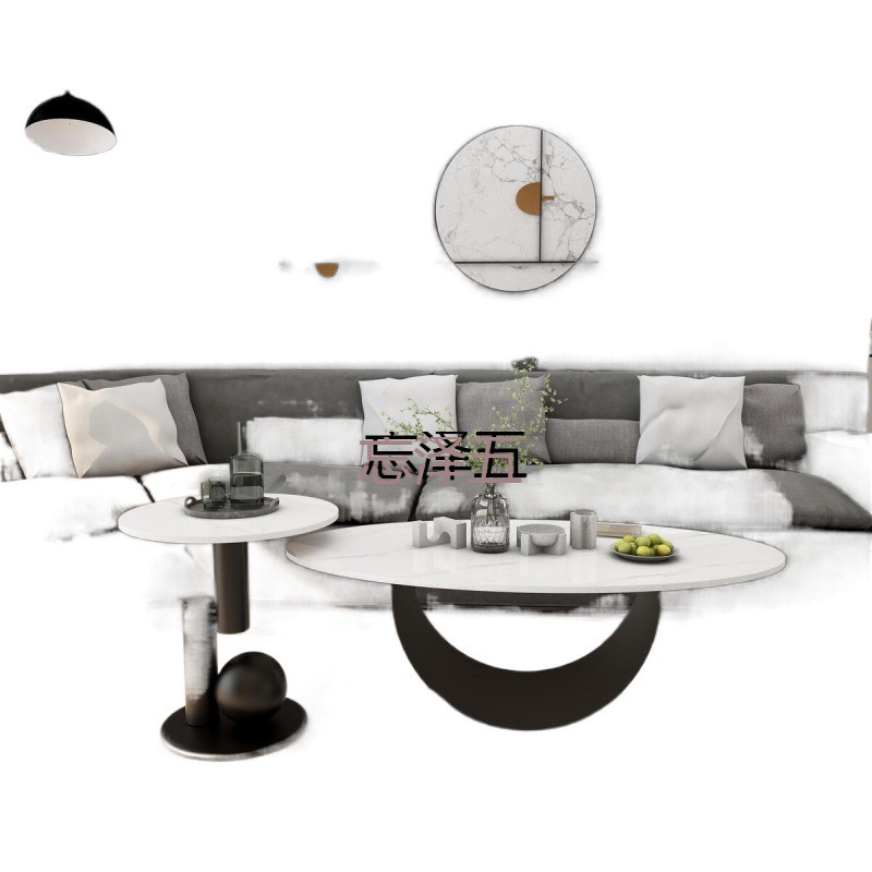 PCGS Light Luxury Modern Light Rock Plate Oval Coffee Table Side Table Combination Living Room Small Apartment Tea Table Household Simple