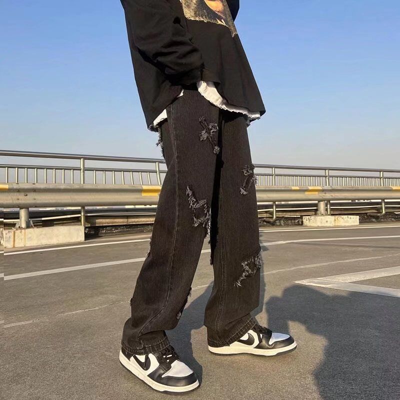 High Street American Style Patch Jeans Men's Trendy Brand Hip-Hop Pants with Flash Edge Design Sense Zipper Long Pants for Young Men