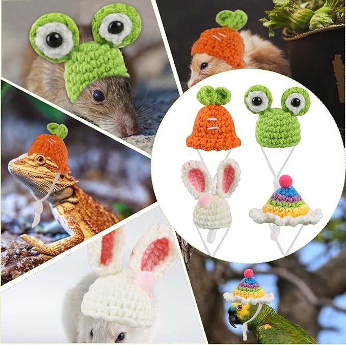 4-Piece Set of Frog, Rabbit, Carrot Pagoda Knitted Hamster Hat, Hand-Knitted Winter Pet Hat