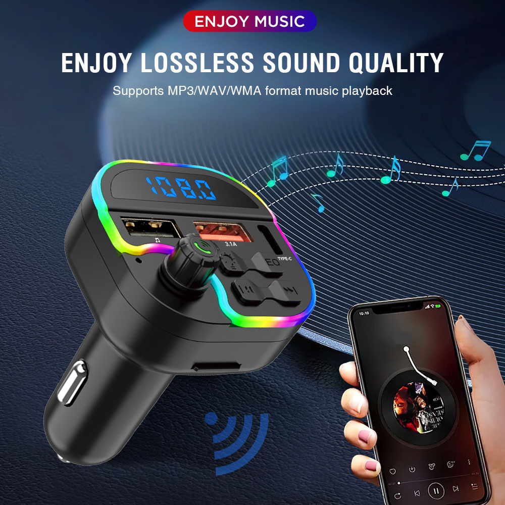 Car Bluetooth Mp3 Player Hands-Free Call U Disk Card Playback Car Fm Transmitter Colorful Atmosphere Light