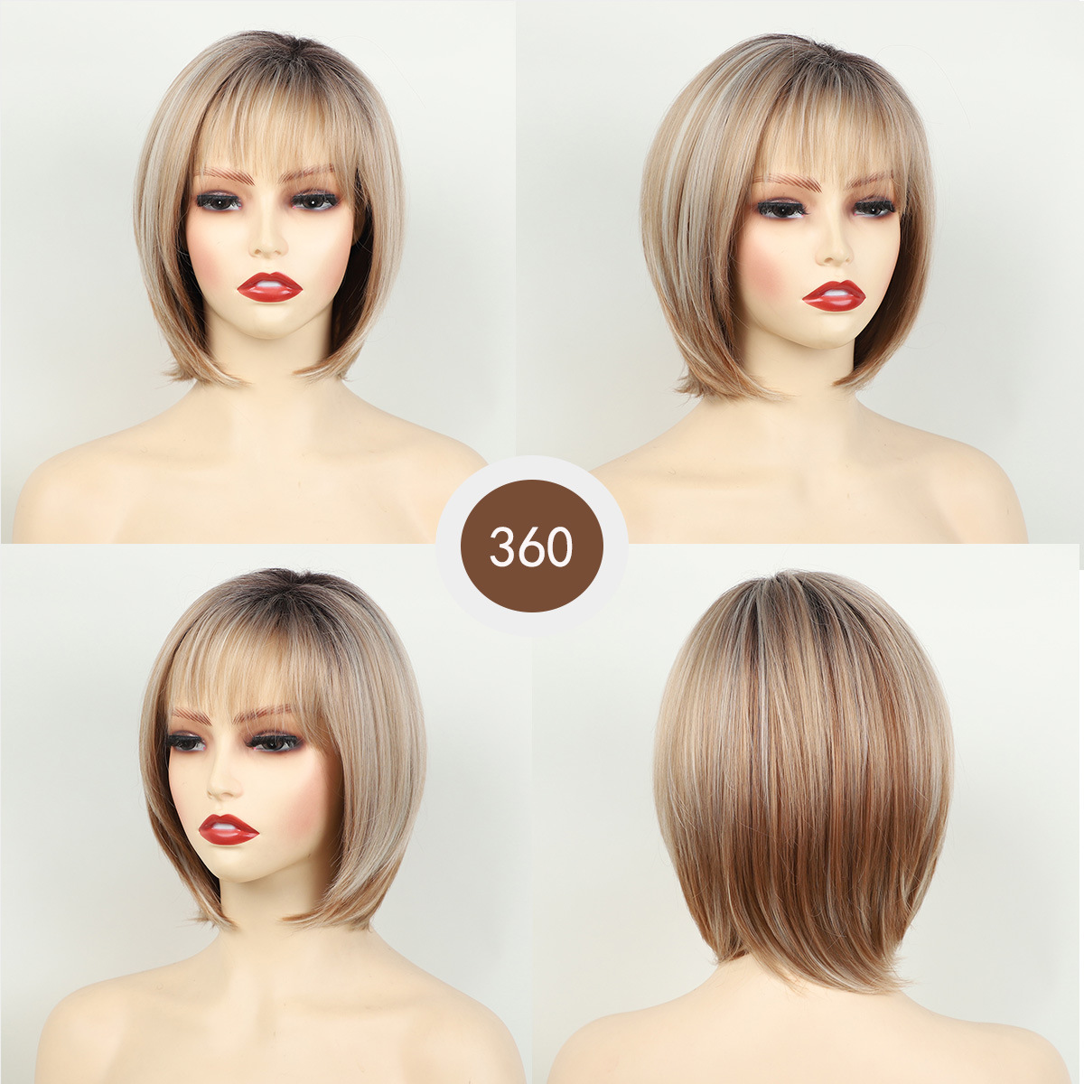 Wig with a New European and American Style, Gradient Brown with Golden Highlights, Layered Bob Short Straight Synthetic Hair Wig