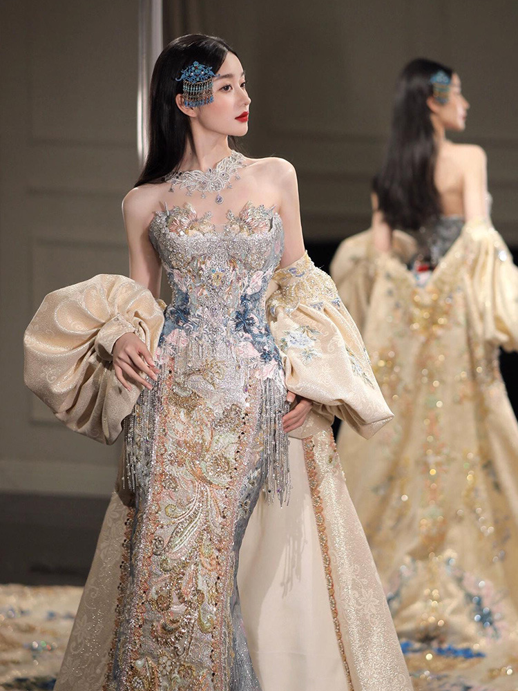 New Chinese-Style Wedding Dress 2025 Summer New Bride Wedding Toast Dress Wedding Dress Going Out Dress Elegant Fishtail Dress