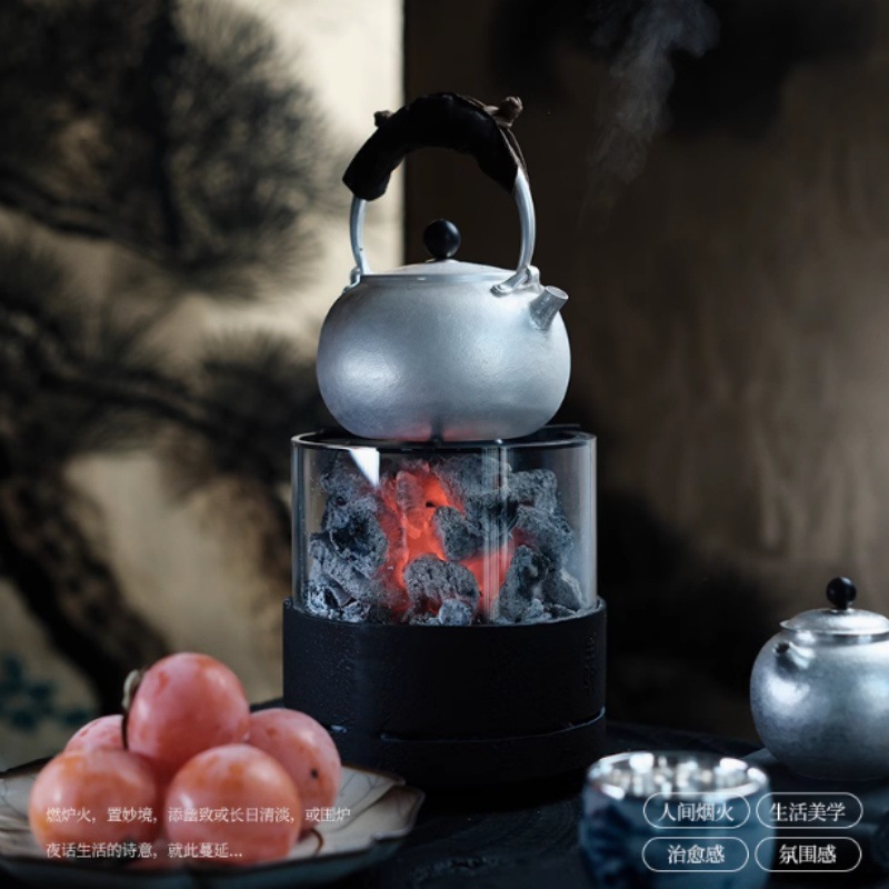 The stove can be watched for cooking tea by surrounding the stove. The fire can be closed. Glass charcoal stove indoor heating stove outdoor camping small tea stove tea maker