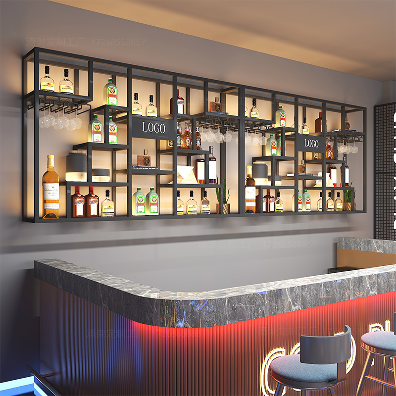 Industrial Style Storage Display Rack Bar Wall Wine Cabinet Storage Rack Restaurant Wine Rack Wall-Mounted Bar Table Wine Rack