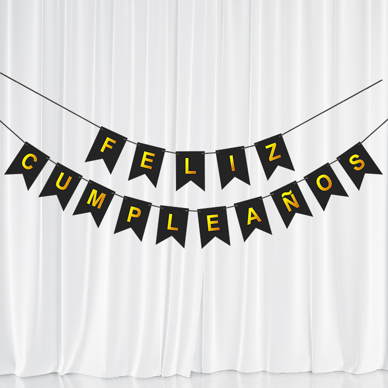 Spanish Birthday Banner Feliz Gold Foil Party Decoration Banner Laser Glitter Gold and Silver Card Triangular Flag Five-Pointed Star