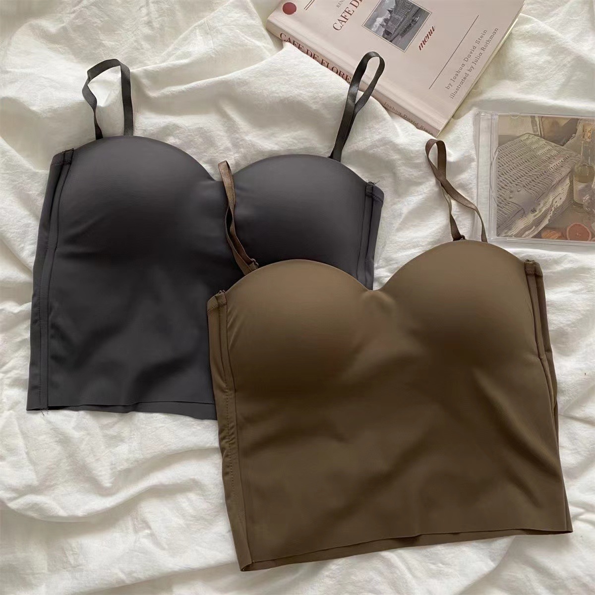 Strapless Women's Sling Underwear One-piece Vest Bra Outer Wear Push-up Beautiful Back Non-marking Ice Silk Top Fixed Chest Pad