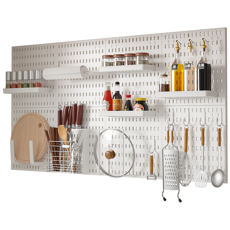 No-Drill Kitchen Perforated Board Wall Storage Rack, Customizable with Pot Lids, Knife Holder, Chopstick Basket, Spice DIY Shelf