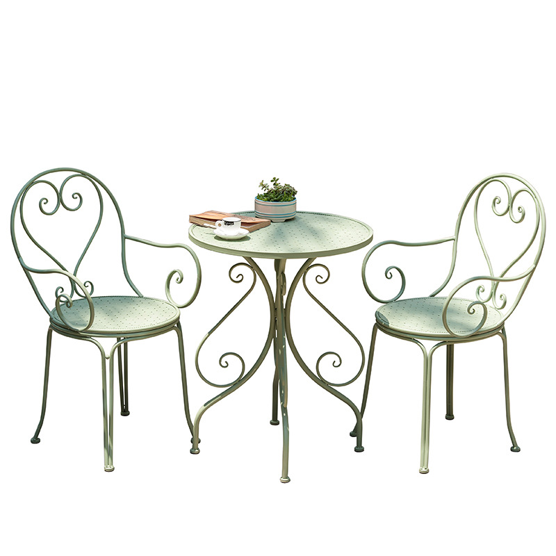 Wrought Iron Table and Chair Three-Piece Set, Heart-Shaped European-Style Personalized Simple Terrace Café Milk Tea Shop Romantic Balcony Table and Chairs
