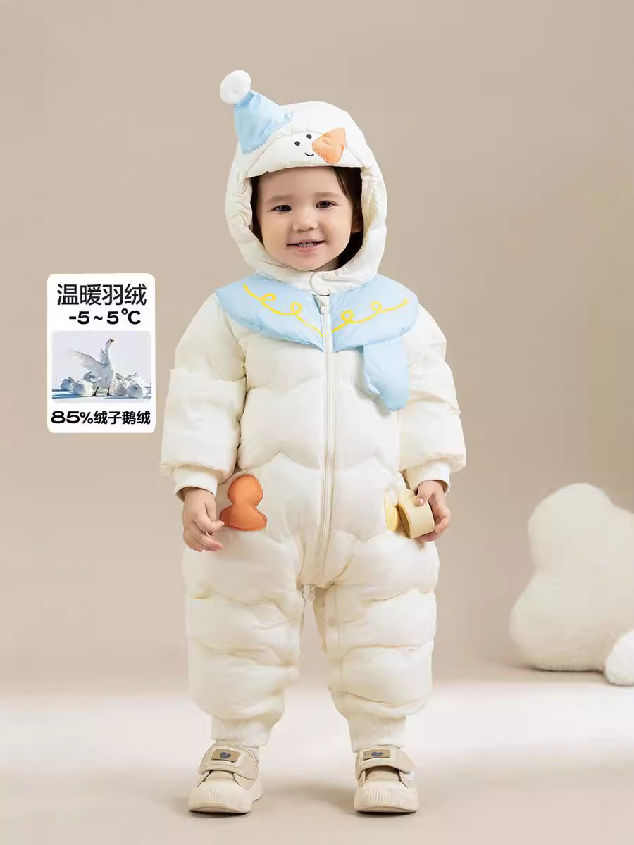 Little Snowman Style Hooded Goose down Jumpsuit Baby Baby Winter Outing Romper 2024 Cute 24D07