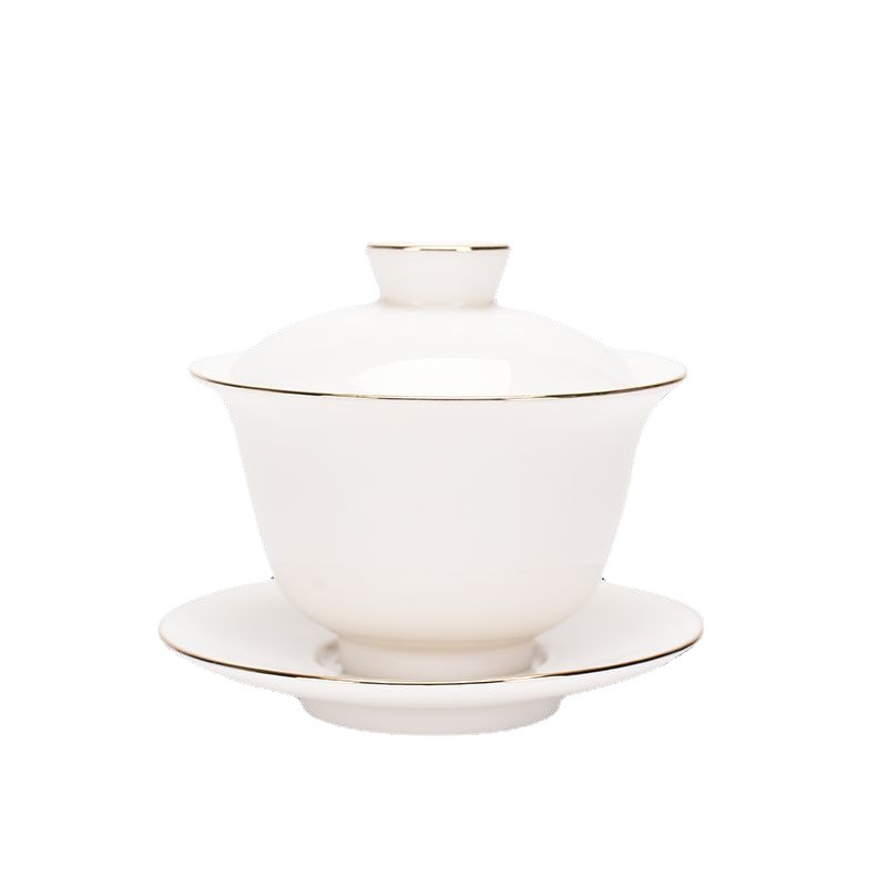 Sheep fat jade cover bowl white porcelain three-talent tea bowl tracing gold pure white tea bowl large kung fu ceramic tea set wholesale gift