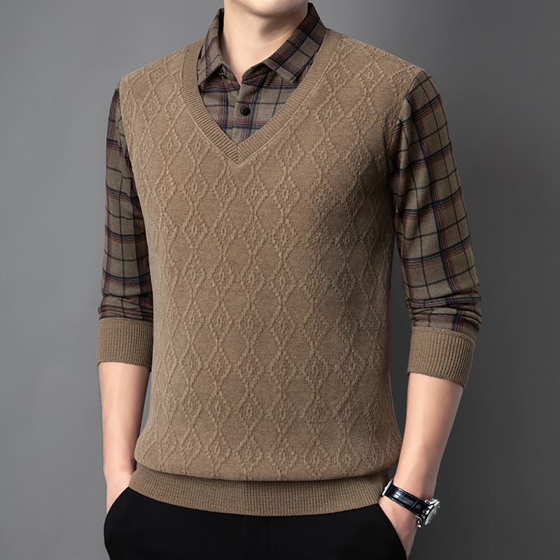 Фальшивый комплект, свитер с утеплителем, для мужчин среднего и пожилого возраста