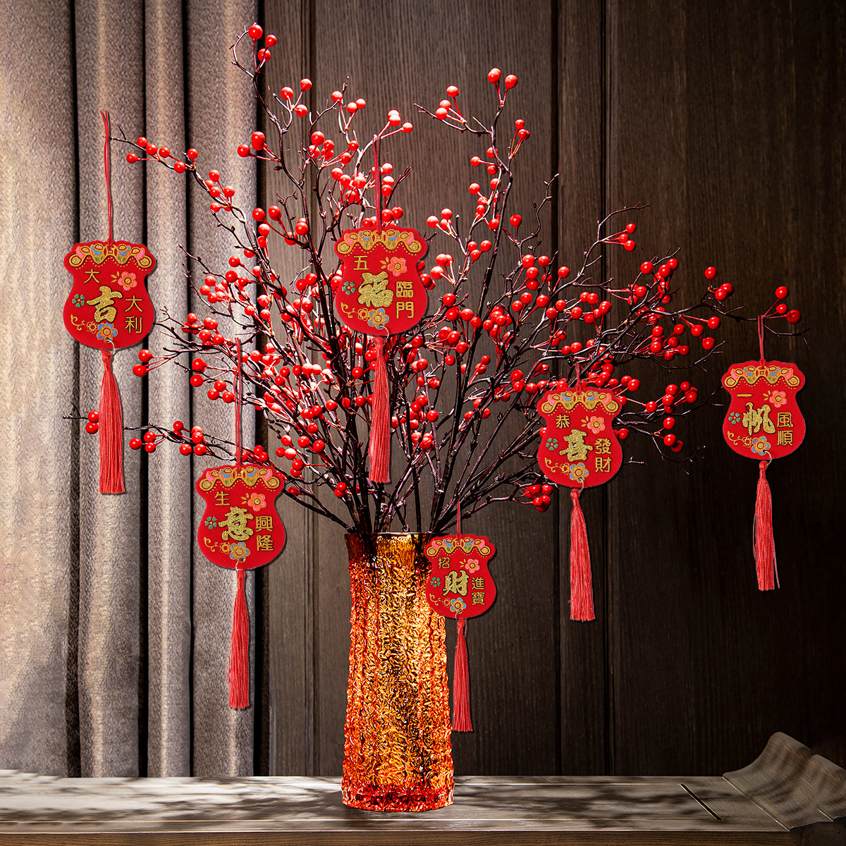 Wholesale Flocked Small Ornaments for Bonsai Decoration, New Year's Day Fortune Tree, Small Lanterns, New Year's Fabric Decorations