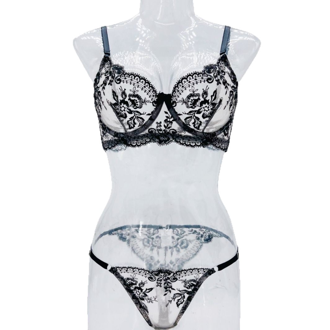 Cabano Cross-Border Best-Selling Flower Embroidery See-Through Mesh Sexy Comfortable Simple Push-Up Sexy Lingerie Set