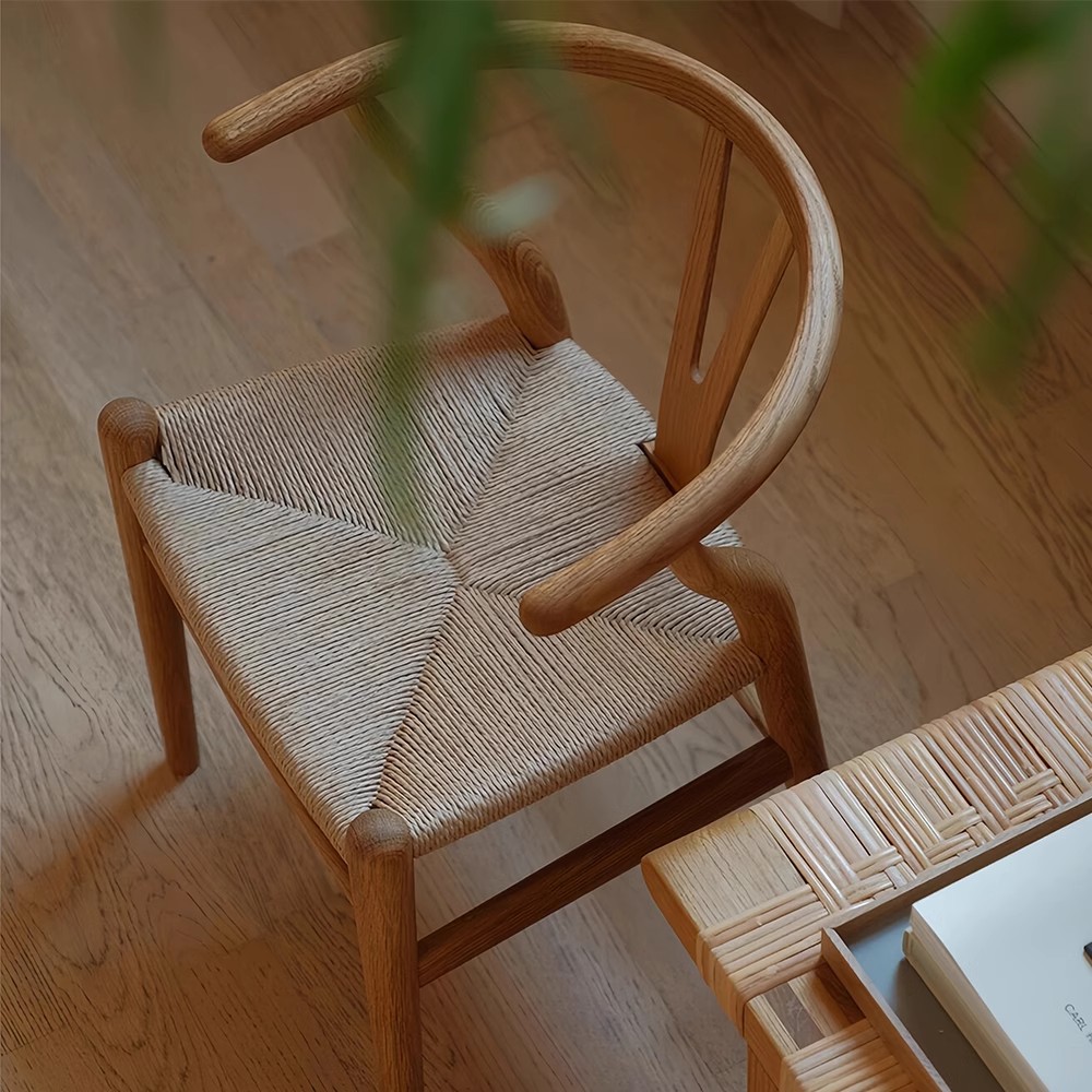 Original Solid Wood Y Dining Chair Leisure Balcony Armrest Small Household Chinese Style Rope Rattan Weaving Tea Drinking Low Desk Chair