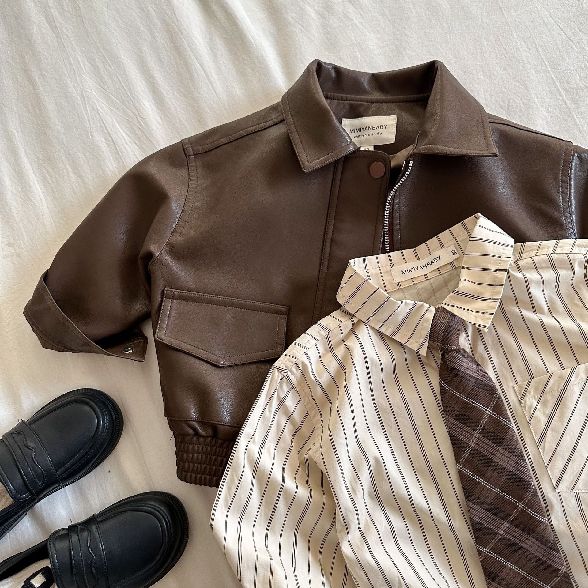 Children's Outwear 2025 Squinting Eyes Autum New Pure Color Lapel Leather Jacket for Boys and Girls Baby Short Outwear Trendy