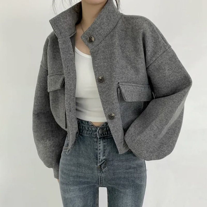 Internet celebrity cool handsome Korean style autumn and winter New stand collar niche short lazy style loose casual woolen woolen coat for women