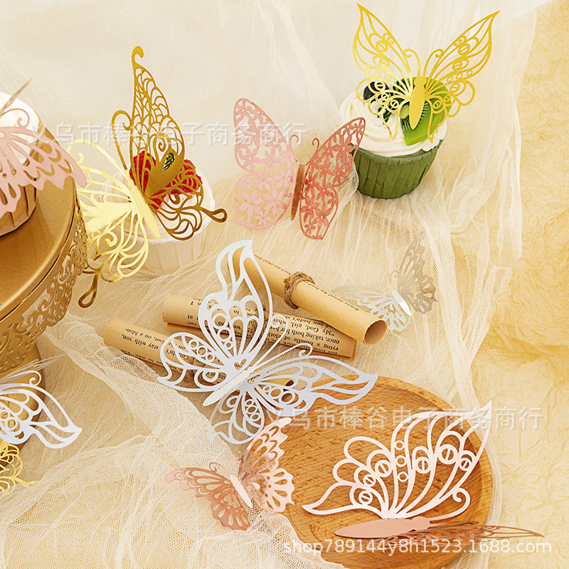 Gold and Silver Hollow Three-dimensional Butterfly 3d Wall Sticker Simulation Double-sided Decoration Butterfly Metal Texture