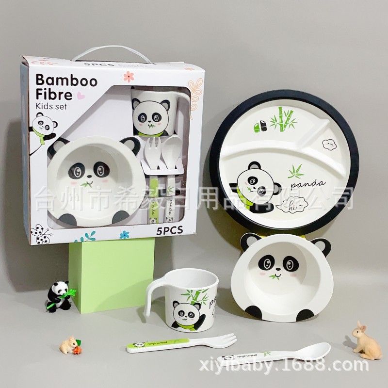 Bamboo fiber children's tableware suit creative cartoon bowl compartment dinner plate spoon fork cup five-piece gift tableware