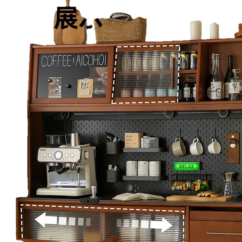 XW Nordic Retro Solid Wood Sideboard High Cabinet Wall Integrated Kitchen Wine Cabinet Rock Board Storage Cabinet