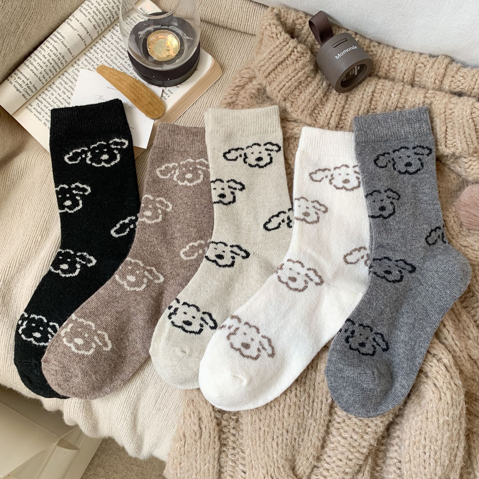 Wool Puppy Socks Autumn and Winter Thickened Warm Cute Ins Trendy with Birkenstock Shoes Japanese Cartoon Mid-Tube Socks