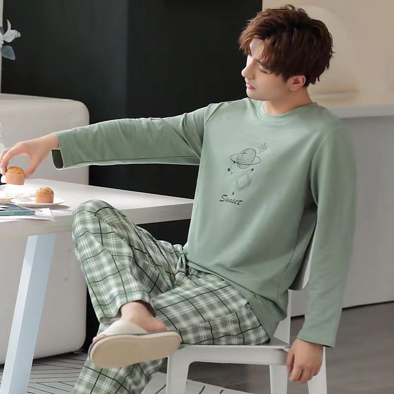 Men's Pajamas Long Sleeve Pants Spring and Autumn Thin Dad Large Size Casual Home Wear Factory Foreign Trade Cross-border Explosions