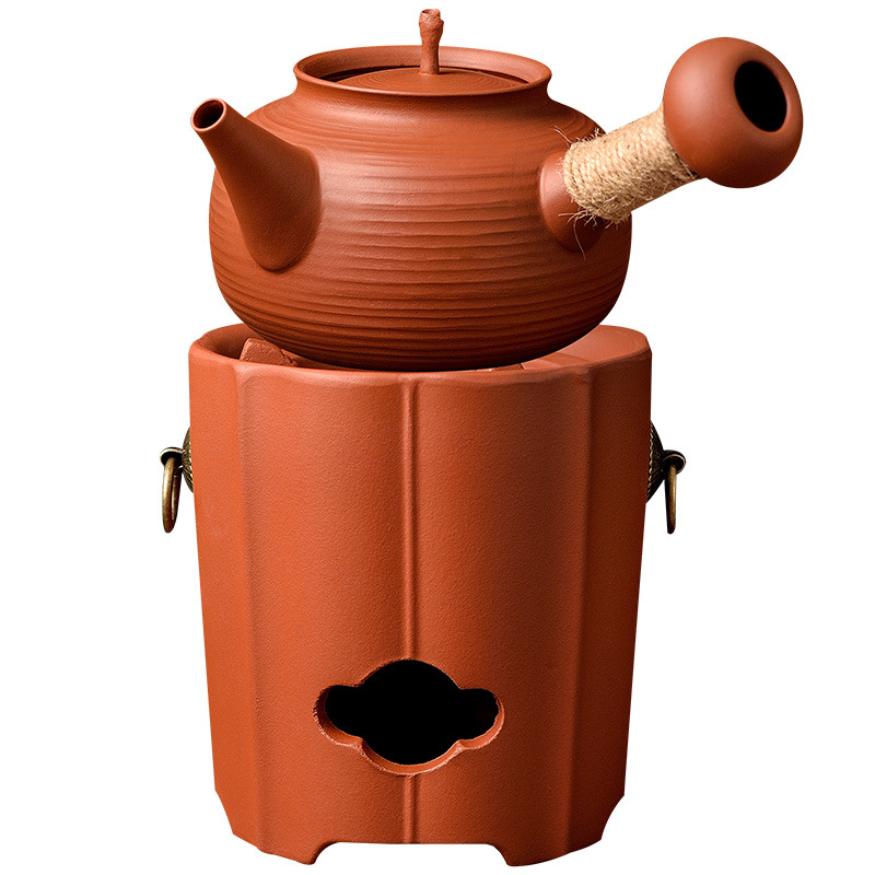 Chinese-style Heat-resistant Chaoshan Red Mud Purple Sand Carbon Stove Sand Pot Encircled Furnace Boiling Tea Coal Carbon Stove Boiling Water Zhu Mud Pot with Jumping Cover