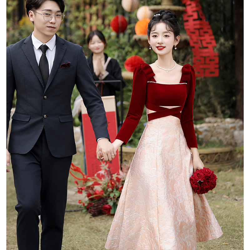 Toast Wear Bridal Temperament Square Neck Small Engagement Dress Back Door Casual Wear 2025 New Spring and Autumn